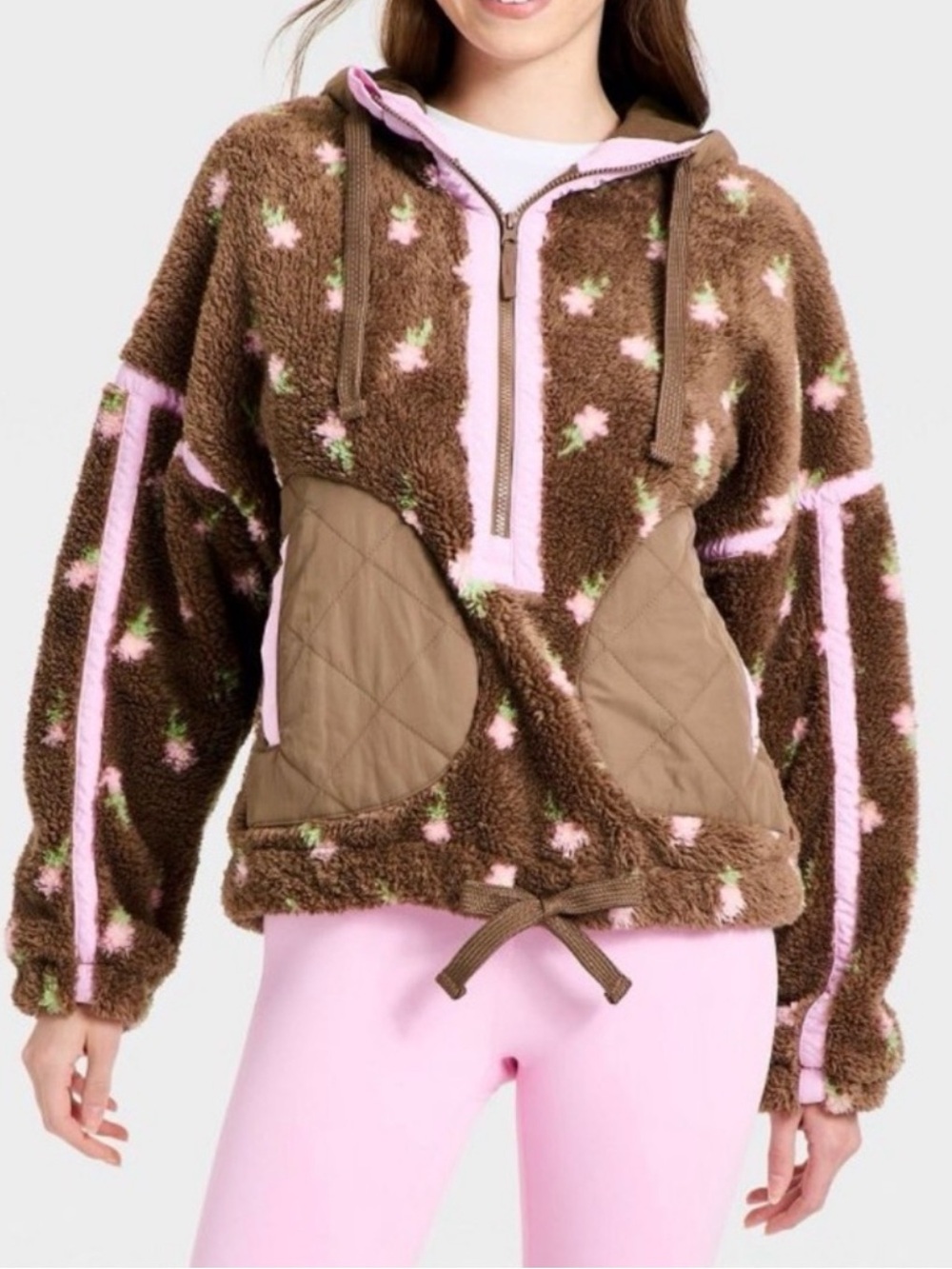 JoyLab Brown Sherpa Hoodie Jacket with Pink Floral Trim